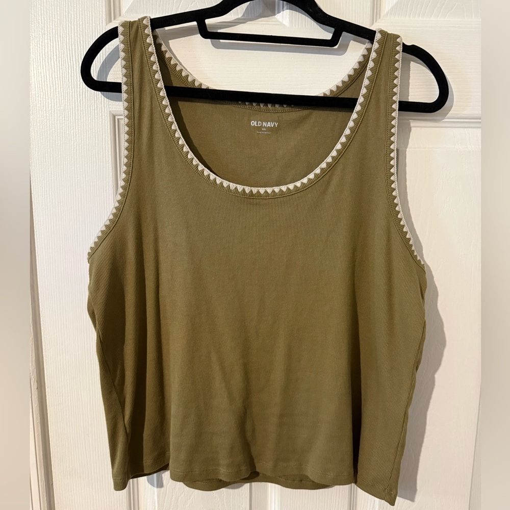 Old Navy Olive Tank Top with embroidered Cream Trim XXL